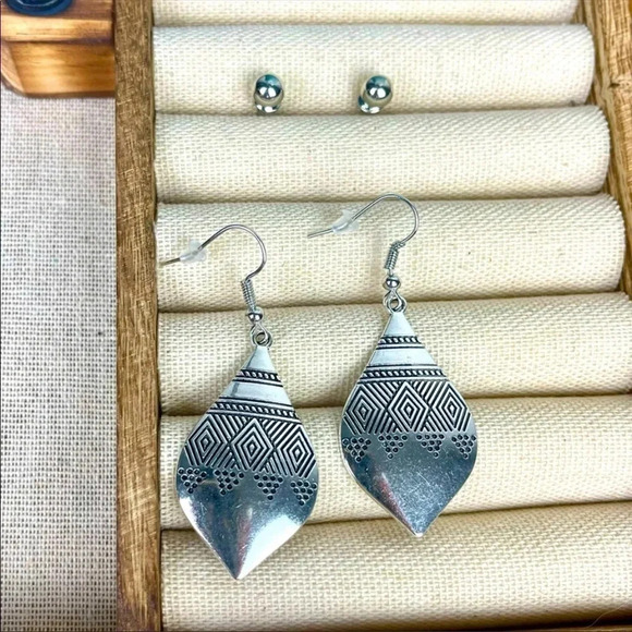 Boho Aztec Silver Earrings Set | Tribal Statement Dangle + Studs - Picture 3 of 4